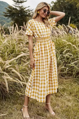Polka Dot Print Dress Women A Line Summer Dress Short Sleeve Single-Breasted Bohemian Midi Dresses