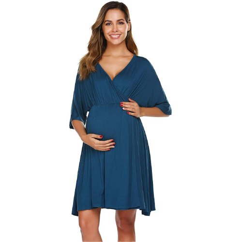 Women's New V-neck Maternity Dress Commuter Sexy Three-Quarter Sleeve High Waist Stitching Midi-Skirt
