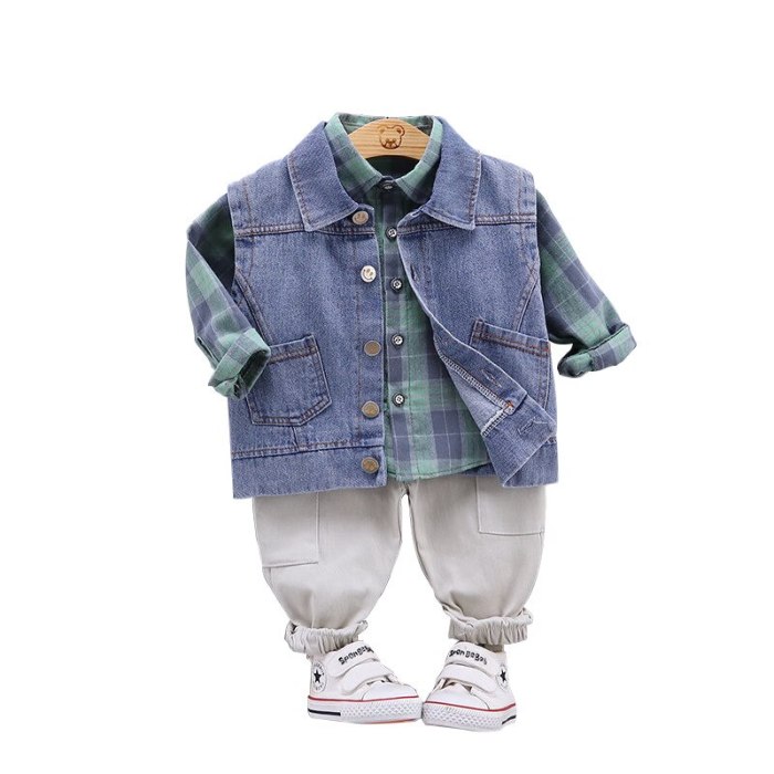 2021 Spring Boy Baby Clothing Sets Kids Clothes Denim Vest Plaid Shirt Pants Set