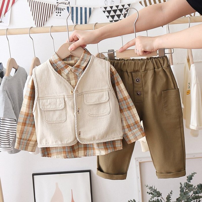 Baby Boys Clothing Sets 2021 Spring Denim Vest Plaid Shirt Pants Toddler Infant Casual Clothes