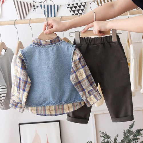 Baby Boys Clothing Sets 2021 Spring Denim Vest Plaid Shirt Pants Toddler Infant Casual Clothes