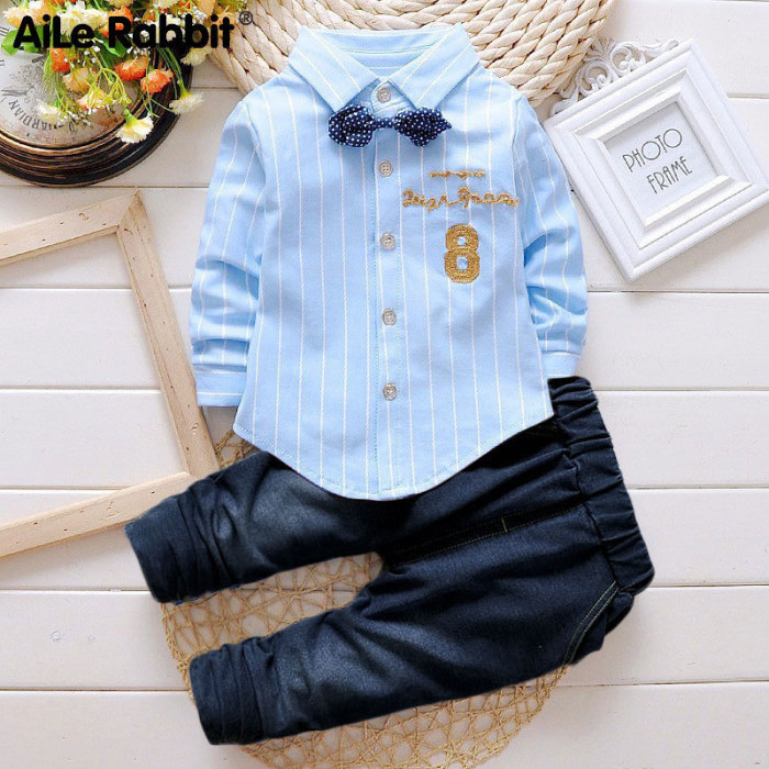 Boys Clothes Suit Number 8 Long Sleeve Shirt Jeans 2-piece Set Striped Top Pants Children's Clothing Set For Baby