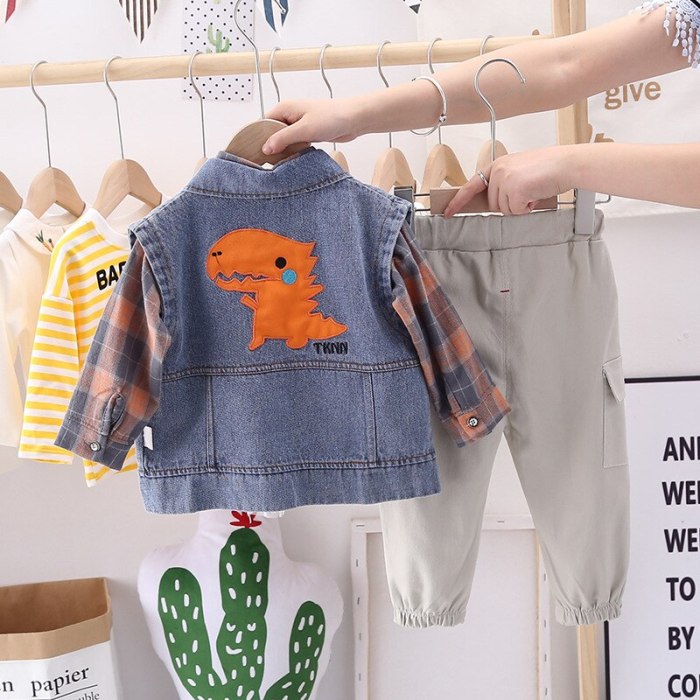 2021 Spring Boy Baby Clothing Sets Kids Clothes Denim Vest Plaid Shirt Pants Set