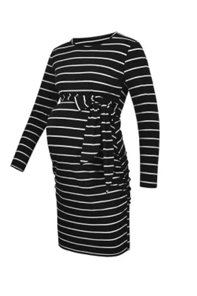 Maternity Tie-in Waist Dresses Striped Side Ruched Pregnant Casual Dress