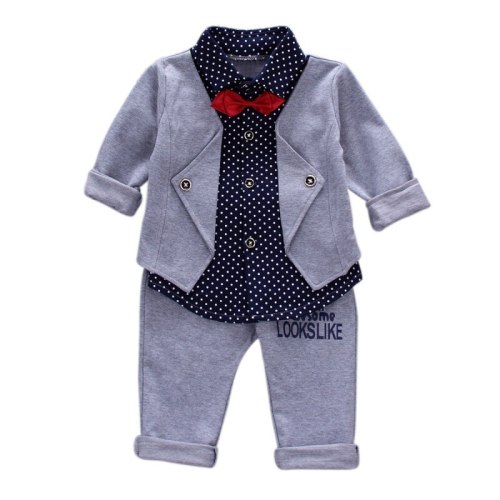 Autumn Spring Baby Boy Clothes Set Fake Two Pieces Long Sleeve Dot Print Blouse Tops Trousers