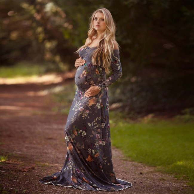 Elegant Maternity Photography Props Pregnancy Clothes Maternity Floral Printed Dress For pregnant Women Photo Shoot Clothing