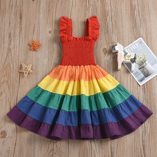 Rainbow Striped Print Girl Dresses Baby Kids Girls sleeveless Patchwork Party Cake Dress