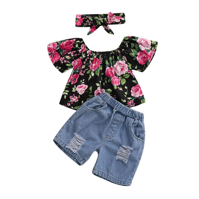 Toddler Baby Girl Off Shoulder Floral Print Tops+Hole Denim Jean Shorts Outfits princess costume toddler girls outfit set