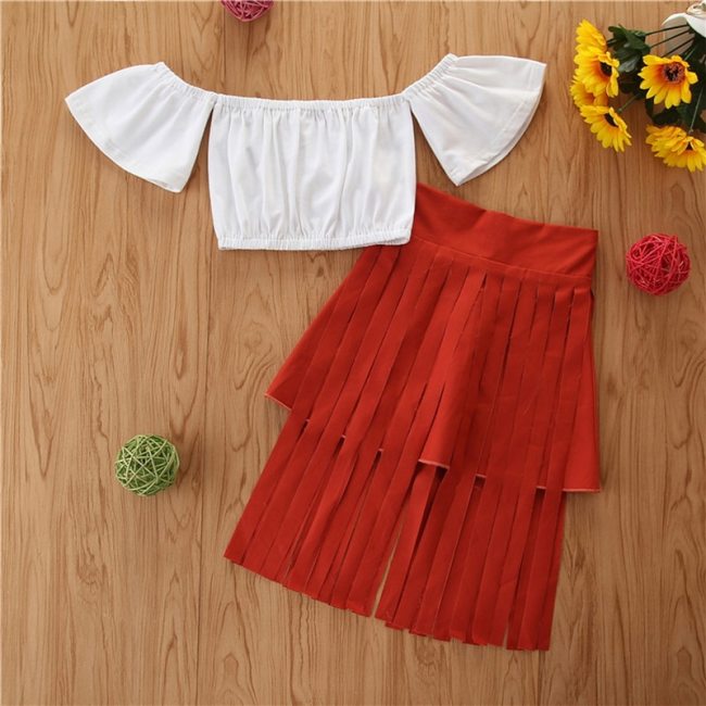 2021 Spring Summer New Super Cool Fashion Little Girls One Shoulder 2-Piece Suit Flared Short Sleeve Top And Fringed skirt