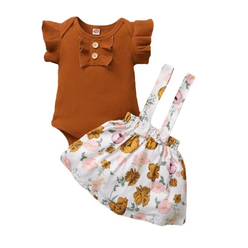 Newborn Baby Girl Solid Ruffled Romper Bodysuit+Floral Print Suspender Skirt Set
