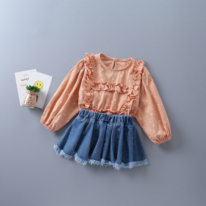2021 new autumn fashion orange white polka dot shirt + denim skirt kid children clothes