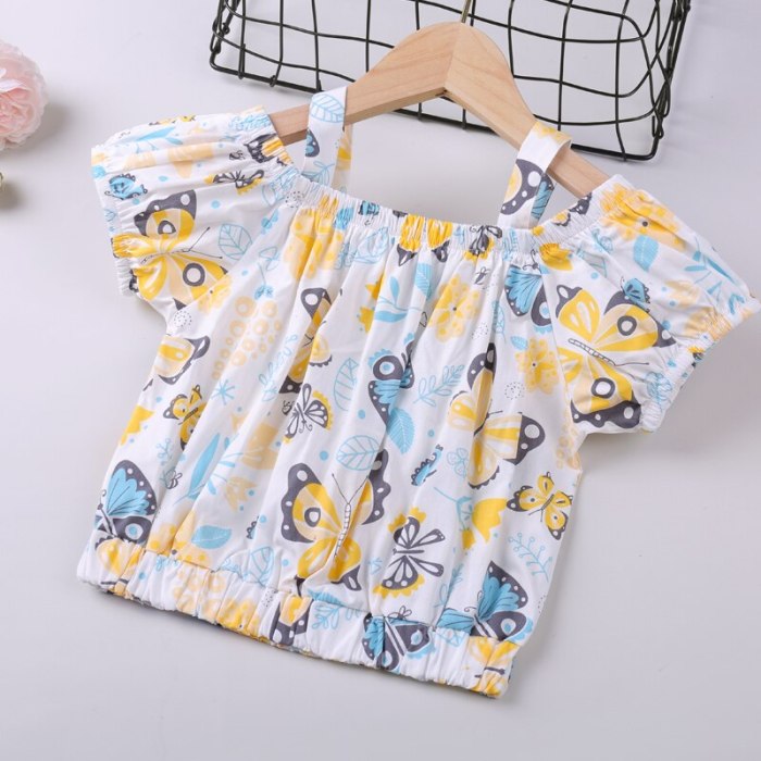 Girls Clothing Set Short Sleeve  Summer New Floral Printed Top T-shirt+ Bow Short 2Pcs Suit