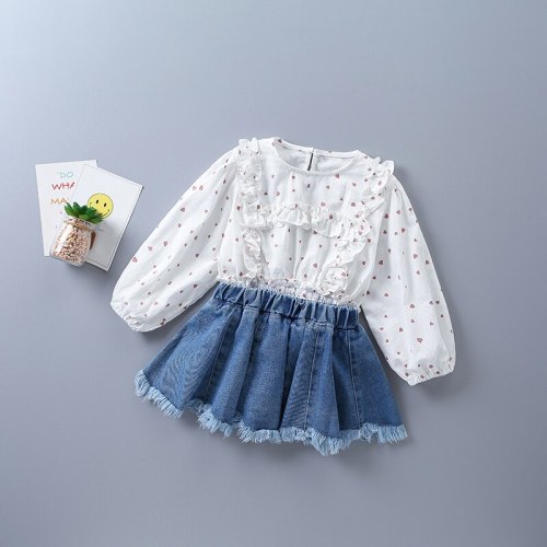 2021 new autumn fashion orange white polka dot shirt + denim skirt kid children clothes
