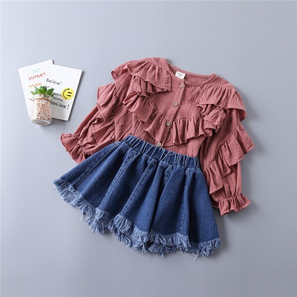 2021 new spring fashion tiered ruched solid shirt + denim skirt kid children clothing