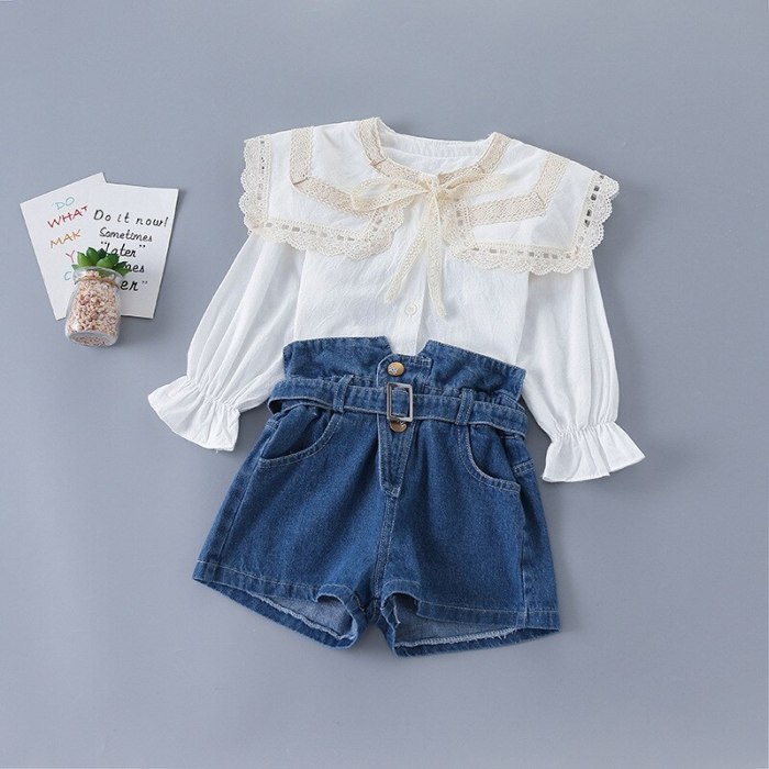 Baby Girl Clothing Set Spring Lace Bow Collar Tops Blouse+denim Shorts,kids Girls Princess Wear Children Elegant Suits Clothes