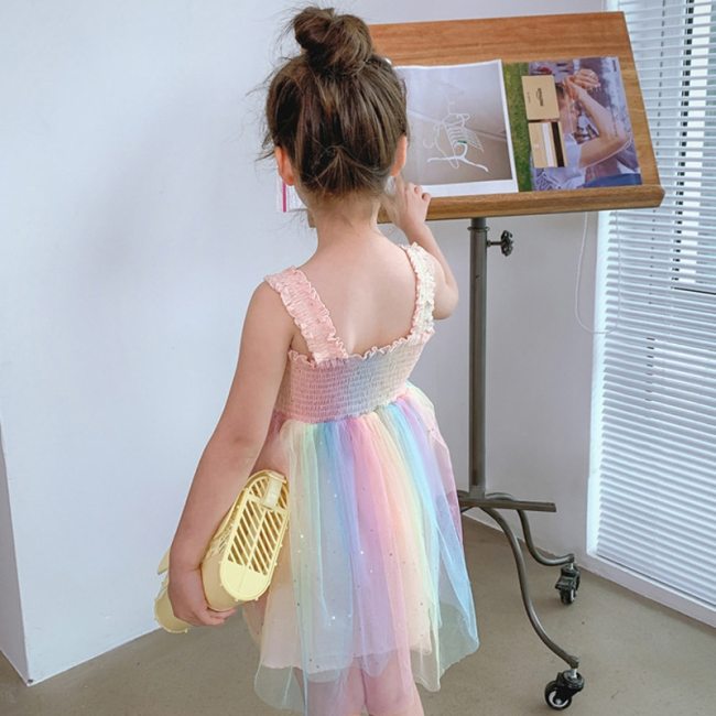 Girls Dress Rainbow Crumpled Mesh Suspender Princess Party Dress 2021 Summer New Fashion Baby Kids Children'S Clothing