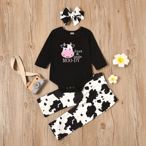 Newborn Infant Baby Girls Cartoon Clothes Cow Letter Romper Tops+ Pants + Headband Sets Infantil Casual Clothing Outfit Set