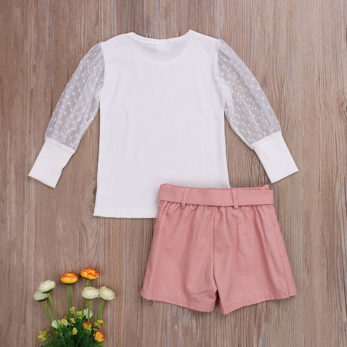 20201 Summer Fashion Girl Two Piece Suit Long Sleeve Pullover Top and Solid Color Short Summer Outfit Set