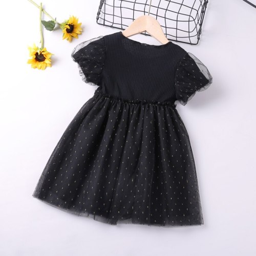 Girls Dress Puff-Sleeve New Summer Patchwork Mesh Printed Sweet Shining Princess Party Dress Toddler Kids  Clothes