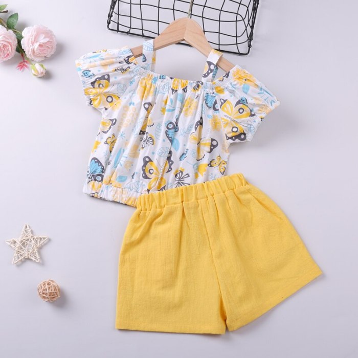 Girls Clothing Set Short Sleeve  Summer New Floral Printed Top T-shirt+ Bow Short 2Pcs Suit
