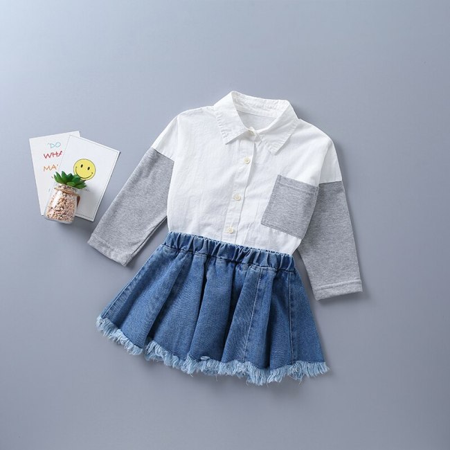 2021 new autumn fashion black white plaid shirt + denim skirt kid children clothes