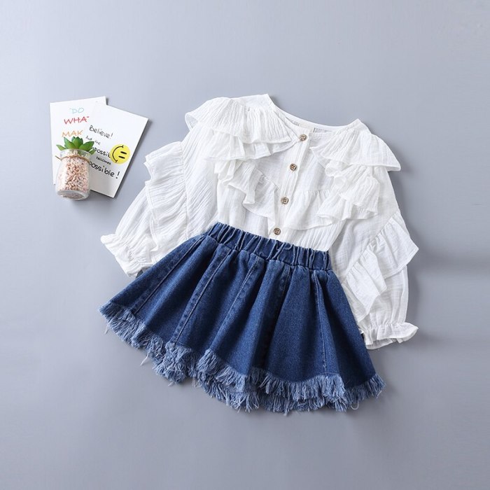 2021 new spring fashion tiered ruched solid shirt + denim skirt kid children clothing