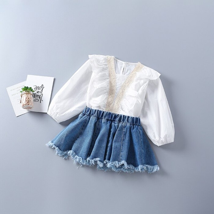 2021 new autumn fashion tiered ruched shirt + denim skirt kid children clothes