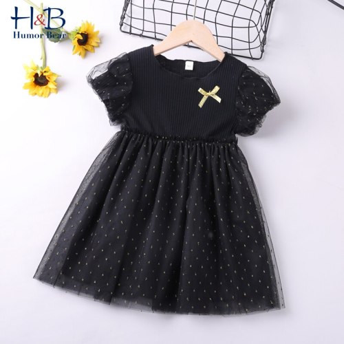 Girls Dress Puff-Sleeve New Summer Patchwork Mesh Printed Sweet Shining Princess Party Dress Toddler Kids  Clothes