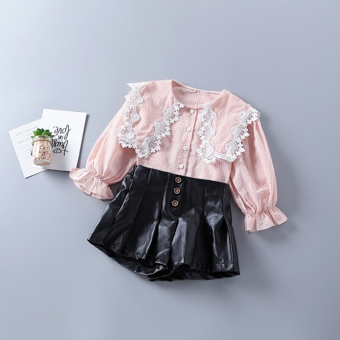 2021 new autumn fashion plaid pink yellow shirt + leather pant kid children clothes