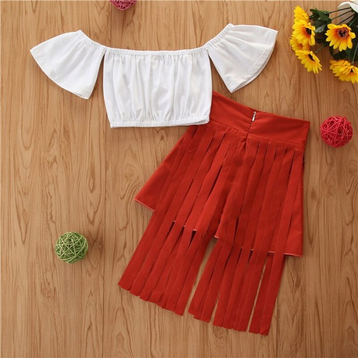 2021 Spring Summer New Super Cool Fashion Little Girls One Shoulder 2-Piece Suit Flared Short Sleeve Top And Fringed skirt