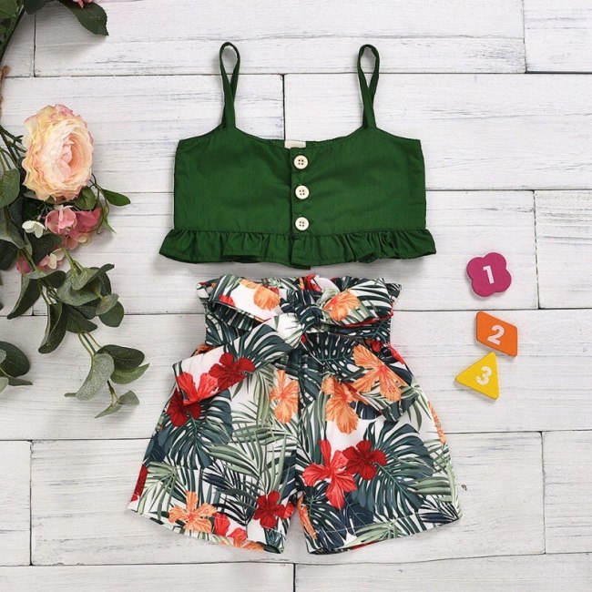 Summer Clothing Matching Infant Child Green Vest Crop Tops + Skirts 2Pcs Outfits Leaves Print Ruffled Set