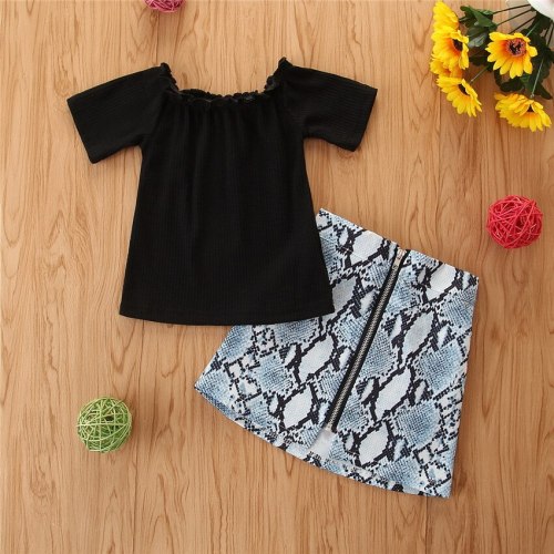 Kids Clothes Girls New Girl Suit Black Short-Sleeved Top + Snakeskin Pattern A-line Skirt Fashionable Two-piece Girl Suit