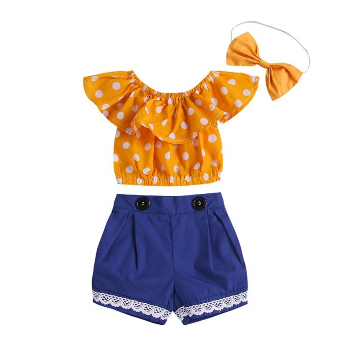 Baby Girls Tops+Shorts+Headwear Suit Polka Dot Print Bowknot Clothing Set