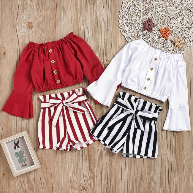 Girls Ruffle Off Shoulder Buttons Solid T Shirt Tops Bow Striped Shorts Outfits Baby Girls Fashion Sets