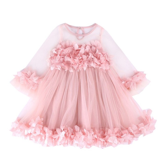 Girls Dress Cute Pink Ball Gown Dress Long Sleeve Tulle Petal Dress for Girls Party Princess Dress for Baby Girls Summer Clothes