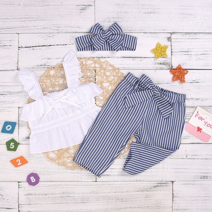 Stylish Solid Tank Top Striped Pants and Headband Set for Baby