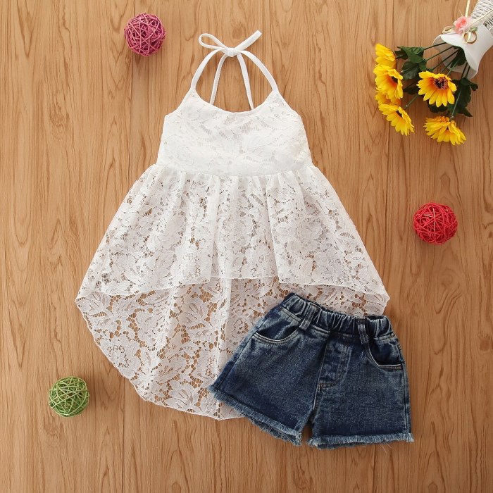 2021 Fashion Summer Kids Lace Clothes Set Neck Strap Tie Up Backless Dress Tops+Elastic Waist Short Jeans 2PCS Girls Outfits