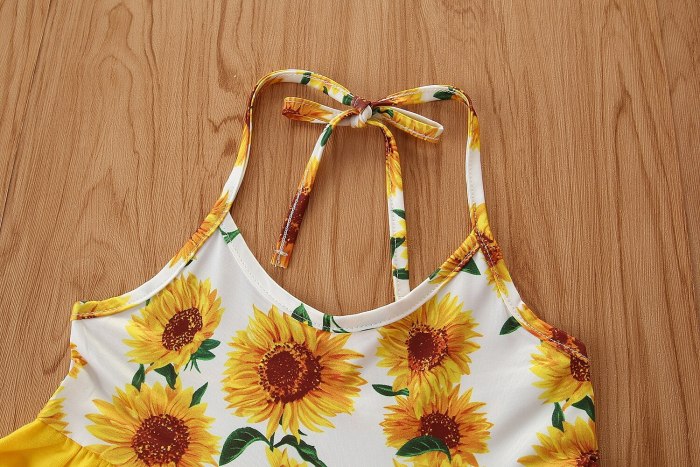 Toddler Baby Girls Sunflower Print Clothes Set Sleeveless Irregular Hem Sling Tops Elastic Waist Ripped Denim Shorts Summer