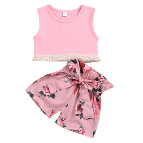 2 Pcs/set Summer Children Girls Cute Clothes Set Sleeveless Tassel Vest +Floral Shorts Suits Costume Set