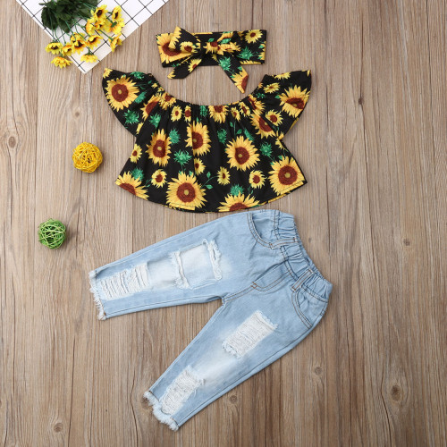 Toddler Baby Girl Clothes Off Shoulder Sunflower Print Tops Ripped Denim Pants Headband 3Pcs Outfits Summer Clothes