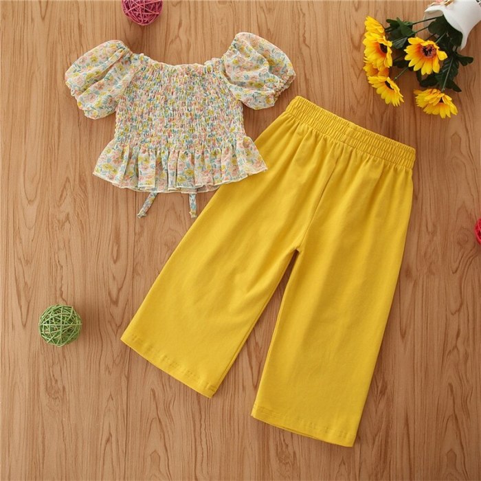 Toddler Baby Girl Summer Clothes Puff Sleeve Suit Floral Shirt + Wide Leg Pants 2 pcs Outfits Set Children Clothing
