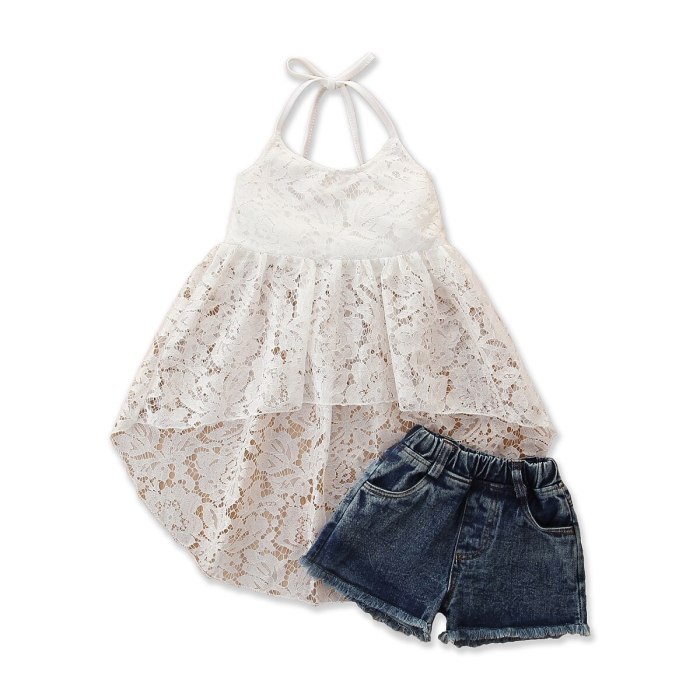 2021 Fashion Summer Kids Lace Clothes Set Neck Strap Tie Up Backless Dress Tops+Elastic Waist Short Jeans 2PCS Girls Outfits