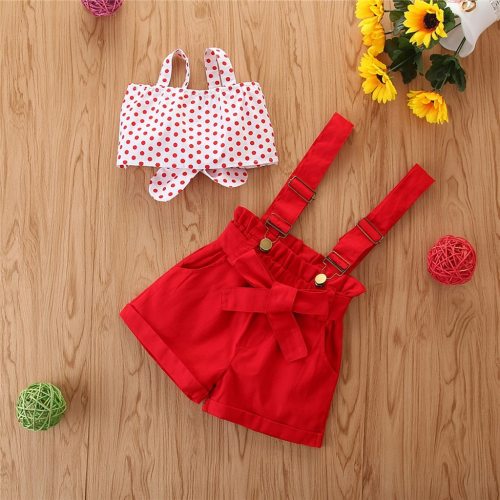Fashion Toddler Kids Baby Girls Clothes Sleeveless Dot Printed Bow-Tie Vest + Solid Color Suspender Pants Summer Outfits Set