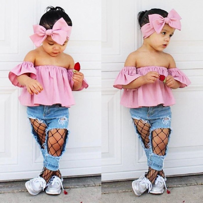 2021 New Fashion Toddler Kids Girl Clothes Summer Off shoulder Pink T-shirt Tops+Hole Net Jean Denim Pant Headband 3PCS Outfits