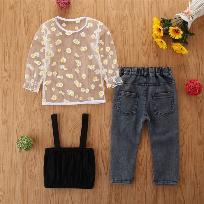 2021 Newborn Toddler Kids Baby girls fashion clothes Daisy Mesh Tops +  jeans 3pcs set Outfits for Children clothing