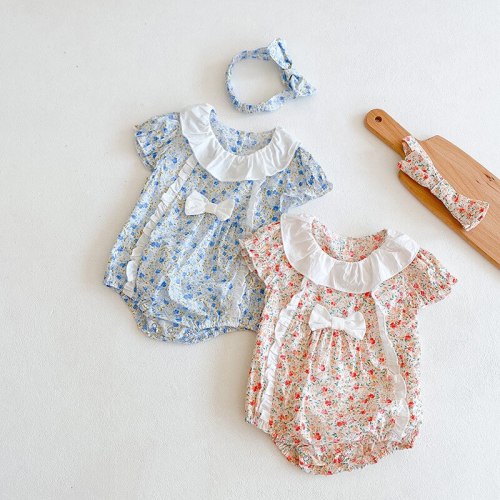 Summer Flowers Baby newborn Girls Ruffles Rompers Infant  children Jumpsuit Playsuit+hair band Bow Baby Clothes