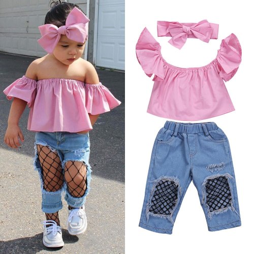 2021 New Fashion Toddler Kids Girl Clothes Summer Off shoulder Pink T-shirt Tops+Hole Net Jean Denim Pant Headband 3PCS Outfits