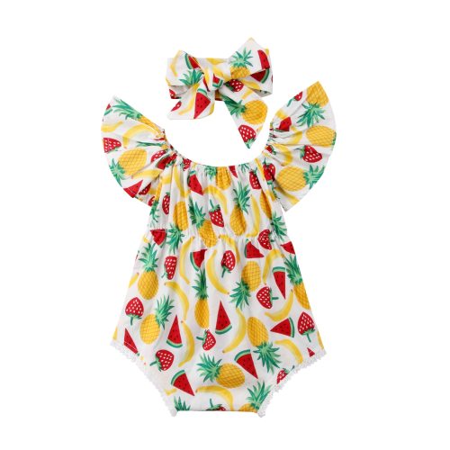 Summer Newborn Infant Baby Girl Flying Sleeves Fruit Jumpsuit Bodysuit Headband Clothes Outfit Yellow Summer Set