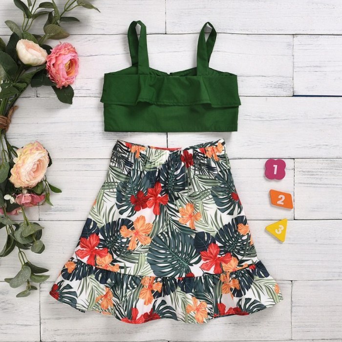 Summer Clothing Matching Infant Child Green Vest Crop Tops + Skirts 2Pcs Outfits Leaves Print Ruffled Set