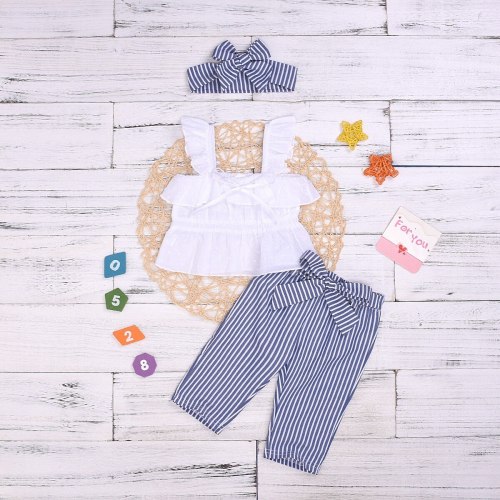 Stylish Solid Tank Top Striped Pants and Headband Set for Baby